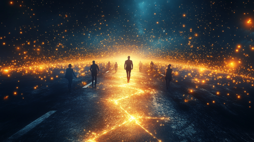 Person walking towards success lights Person walking towards success lights