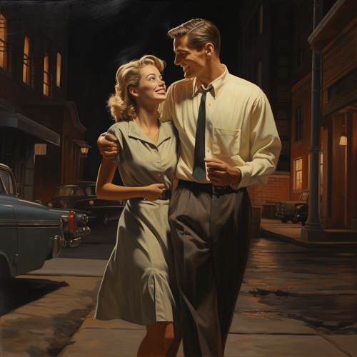Photorealistic picture of a happy couple walking at night
