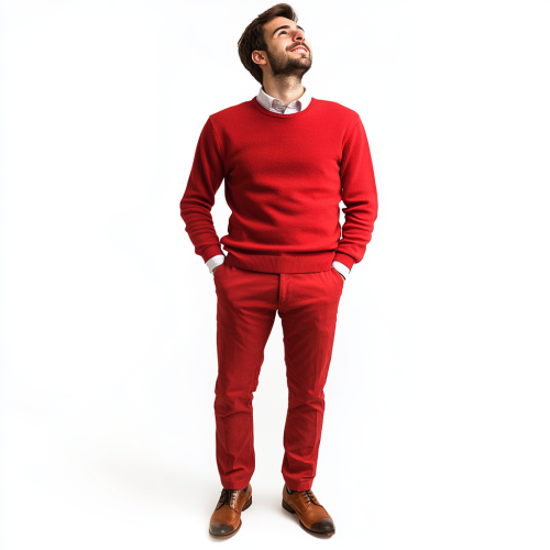 25 year old slim man in red outfit looks interested.