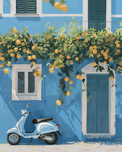 2D gouache painting of blue Sorrento house with Vespa.