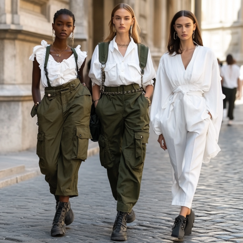 3 models in army green pants, studded barrel leg.