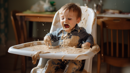 3-year-old boy slurping mash in high chair