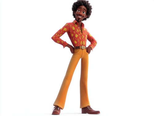30-year-old black man in stylish 1970s clothing posing.