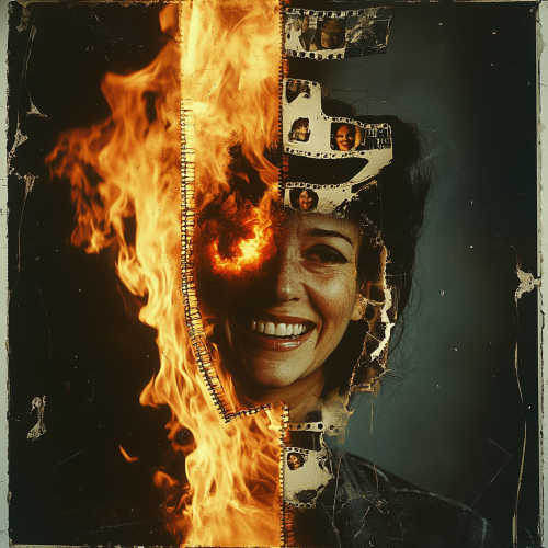 35mm film strip, burning man, smiling women, photorealistic portrait, film grain, kodak stock.