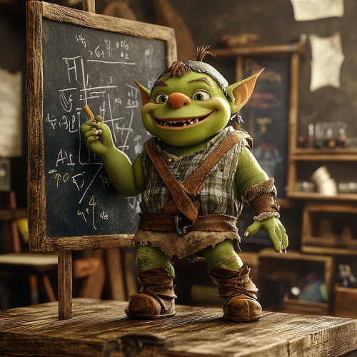 3D Pixar Green Orc Child Teaching Math on Blackboard