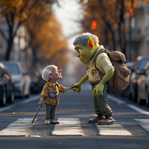 3D Pixar green orc boy scout helping elderly, funny texture 3D Pixar green orc boy scout helping elderly, funny texture