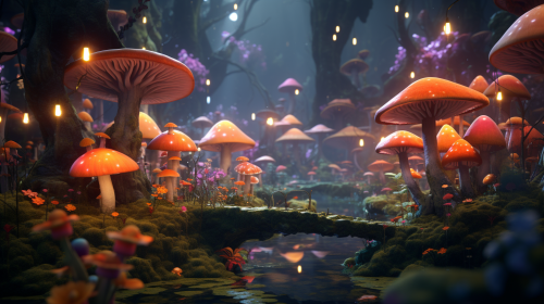 3D animation of lively forest village with playful creatures.