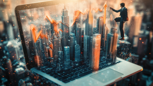 3D laptop with arrow-shaped buildings representing market share.