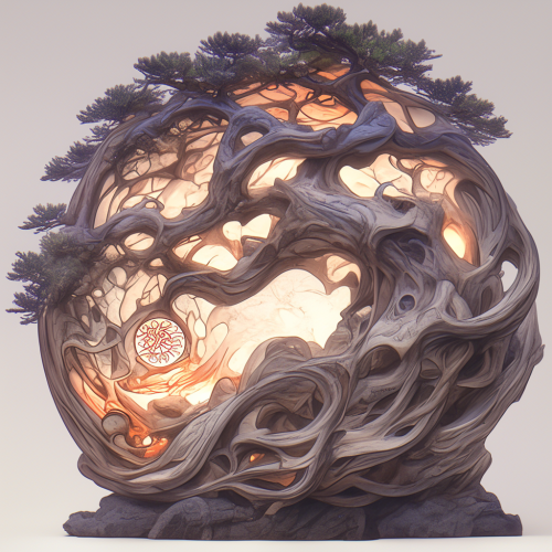 3D-printed oak tree sculpture with LED lights, textures, engravings.