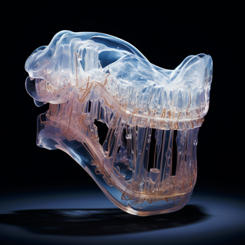 3D tooth with wired mapping and glass texture.