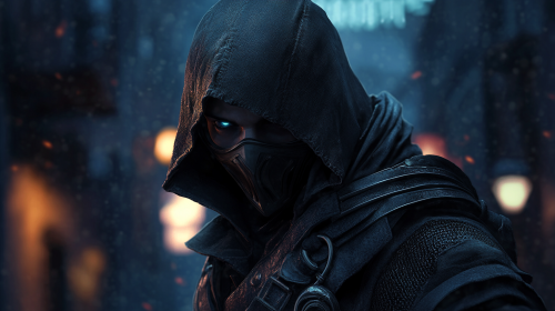 4k dark fantasy action shot of rogue thief.