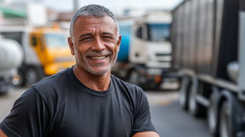 50-year-old Brazilian man smiles playing soccer, standing with trucks.