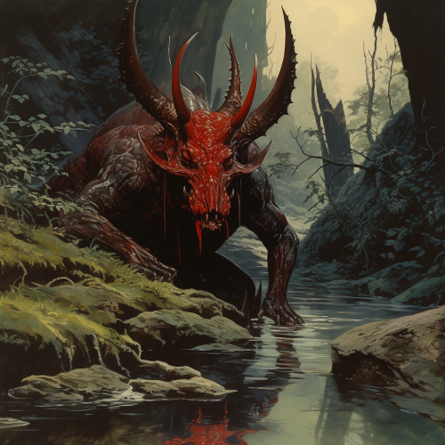 70s Dark Fantasy Painting of Bukavac near River