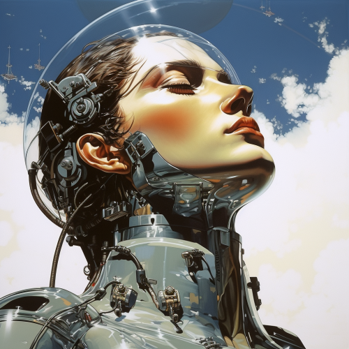 Sci-fi male robot looking sky