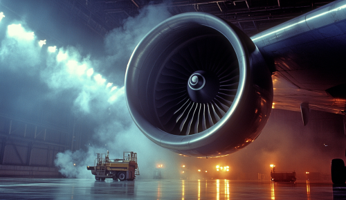 747 airplane testing in hangar with bright lights.