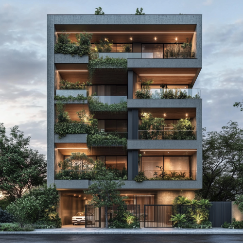 8-level modern building, penthouse on top, plants included.