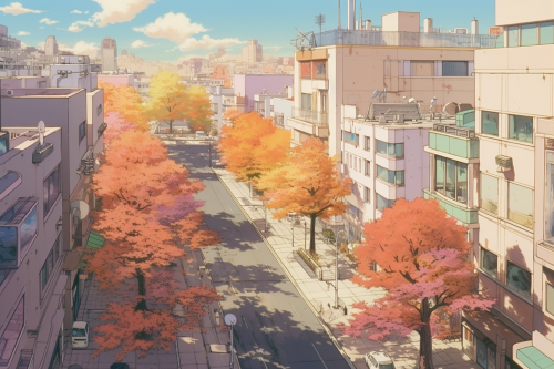 Colorful leaves floating in 80s fall street scene