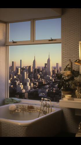 80s NYC apartment bathroom with city view