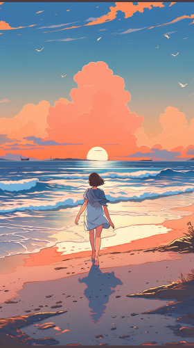 80s Retro Anime Fantasy Girl Walking on Beach at Sunset
