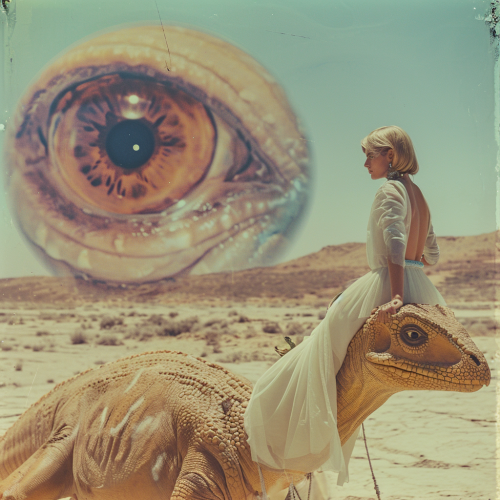 Retrofuturistic dinosaur desert eye in pastel tones