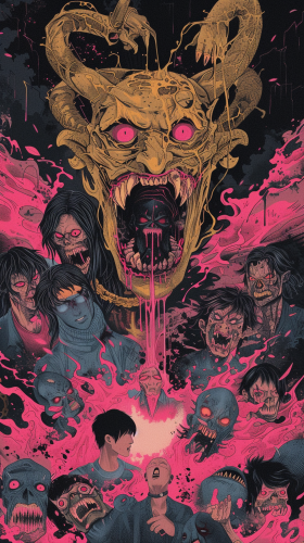 80s style slasher film promo demons in gold sapphire pink