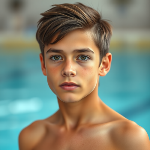 8th Grade Boy with Mullet, Abs, Swim Trunks