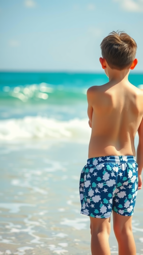 A 13-year-old boy models swimwear at beach. A 13-year-old boy models swimwear at beach.