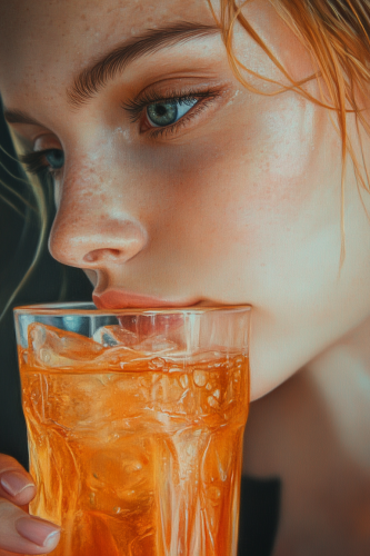 A 24-year-old Woman Drinks a Colorful Beverage