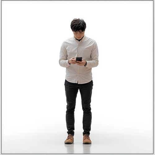 A 30-year-old Asian man smiling at phone