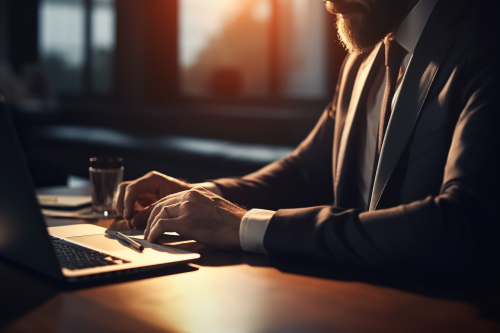A 35-year-old businessman in an office working