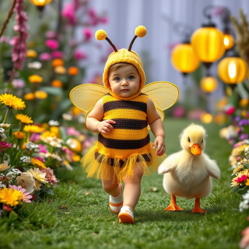 A Baby Bee and Duckling on Garden Runway
