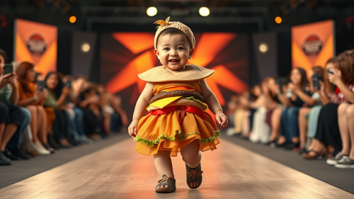 A Baby Modeling Hamburger-Inspired Outfit on Runway