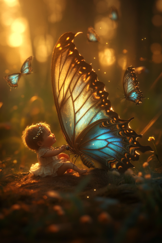 A Baby and Butterfly in Enchanted Forest