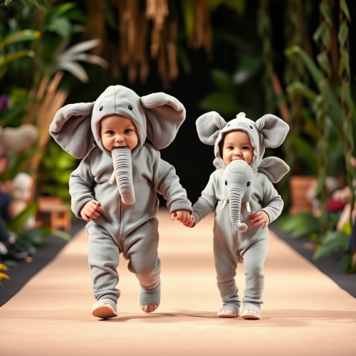 A Baby and Calf on Jungle-Themed Runway