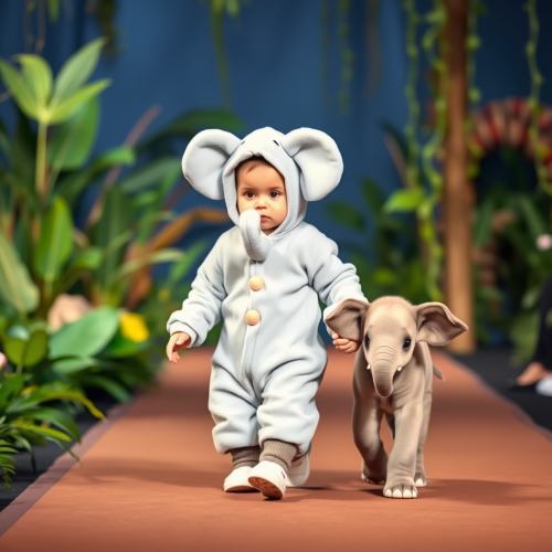 A Baby and Elephant Calf on Jungle Runway