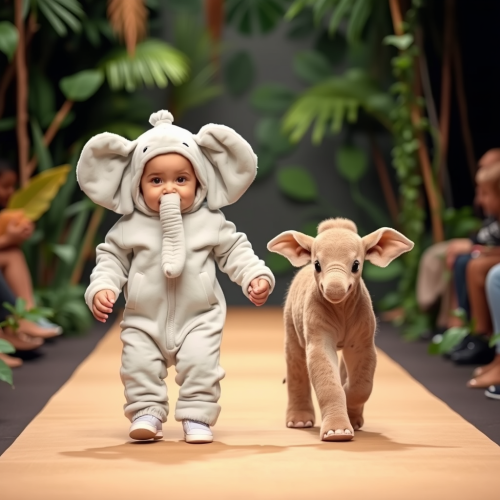 A Baby in Elephant Costume with Calf on Runway
