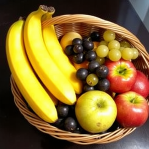 A Basket Filled with Bananas, Grapes, and Apples
