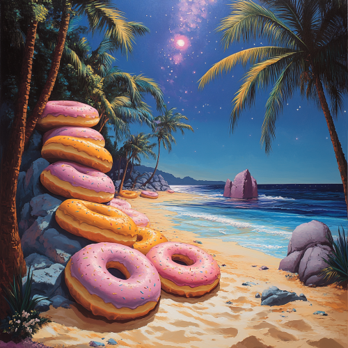 A Beach with Colorful Donut Rocks and Palm Trees