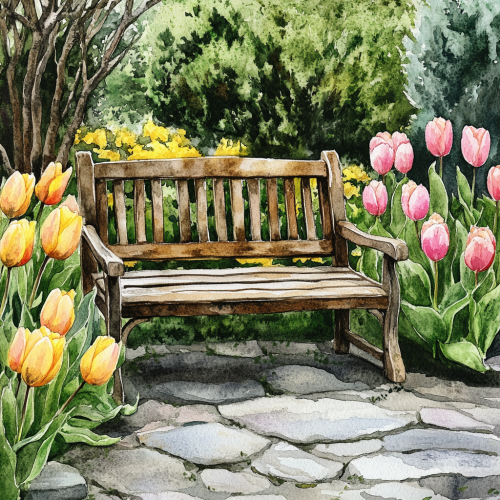 A Beautiful Bench in a Spring Garden Illustration. A Beautiful Bench in a Spring Garden Illustration.