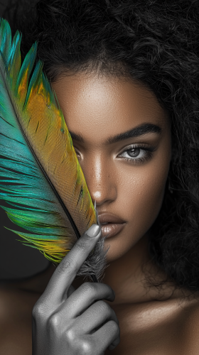 A Beautiful Brazilian Woman Holding Colorful Feather