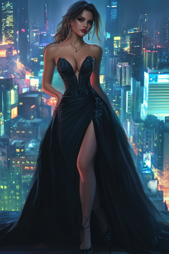 A Beautiful Cyberpunk Girl in a City at Night