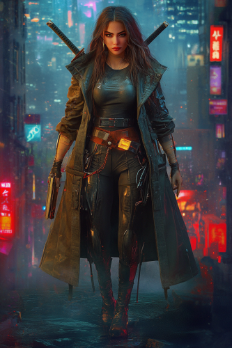 A Beautiful Female Cyberpunk Street Warrior at Night