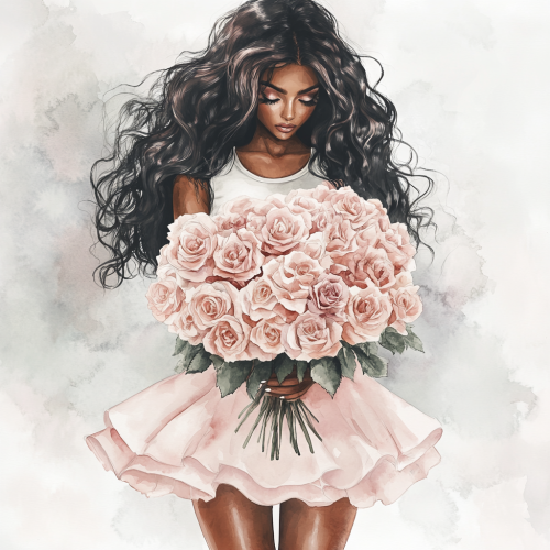 A Beautiful Girl Holding Roses in Watercolor