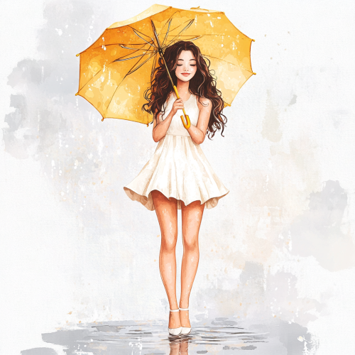 A Beautiful Girl Standing in Spring Rain.