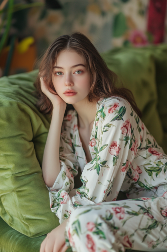 A Beautiful Girl in Pajamas on Green Sofa