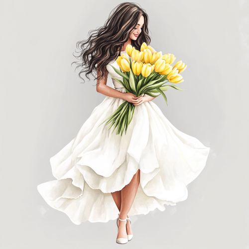 A Beautiful Girl with Tulips in Hand