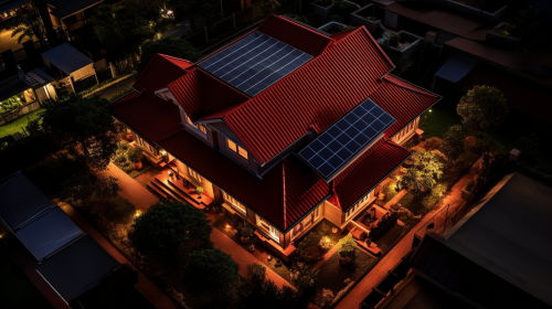 A Beautiful Home Shines Red Roof At Night
