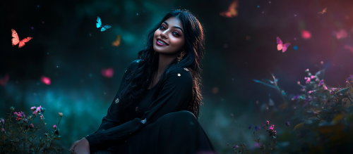 A Beautiful Indian Girl Smiling in Forest Night