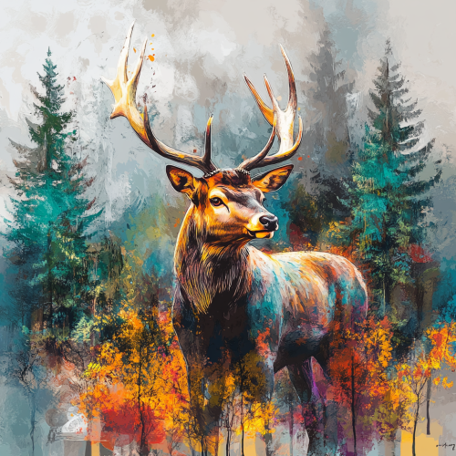 A Beautiful Painted Deer in Cloudy Forest