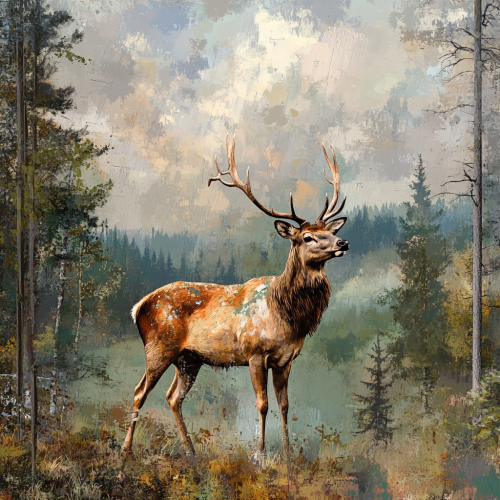A Beautiful Painted Deer in a Cloudy Forest.